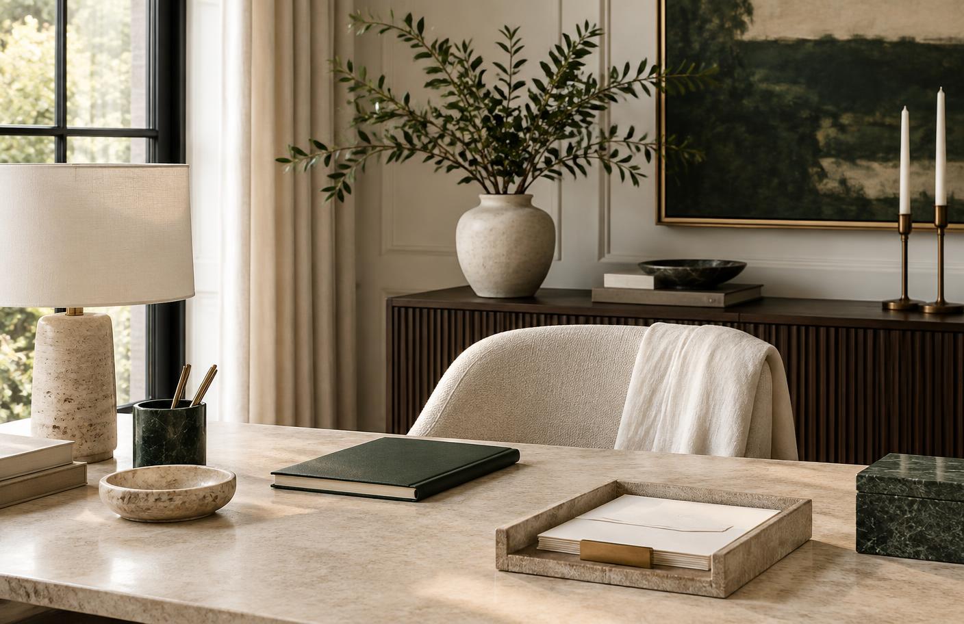 Organized home workspace with stone, stationery and natural light