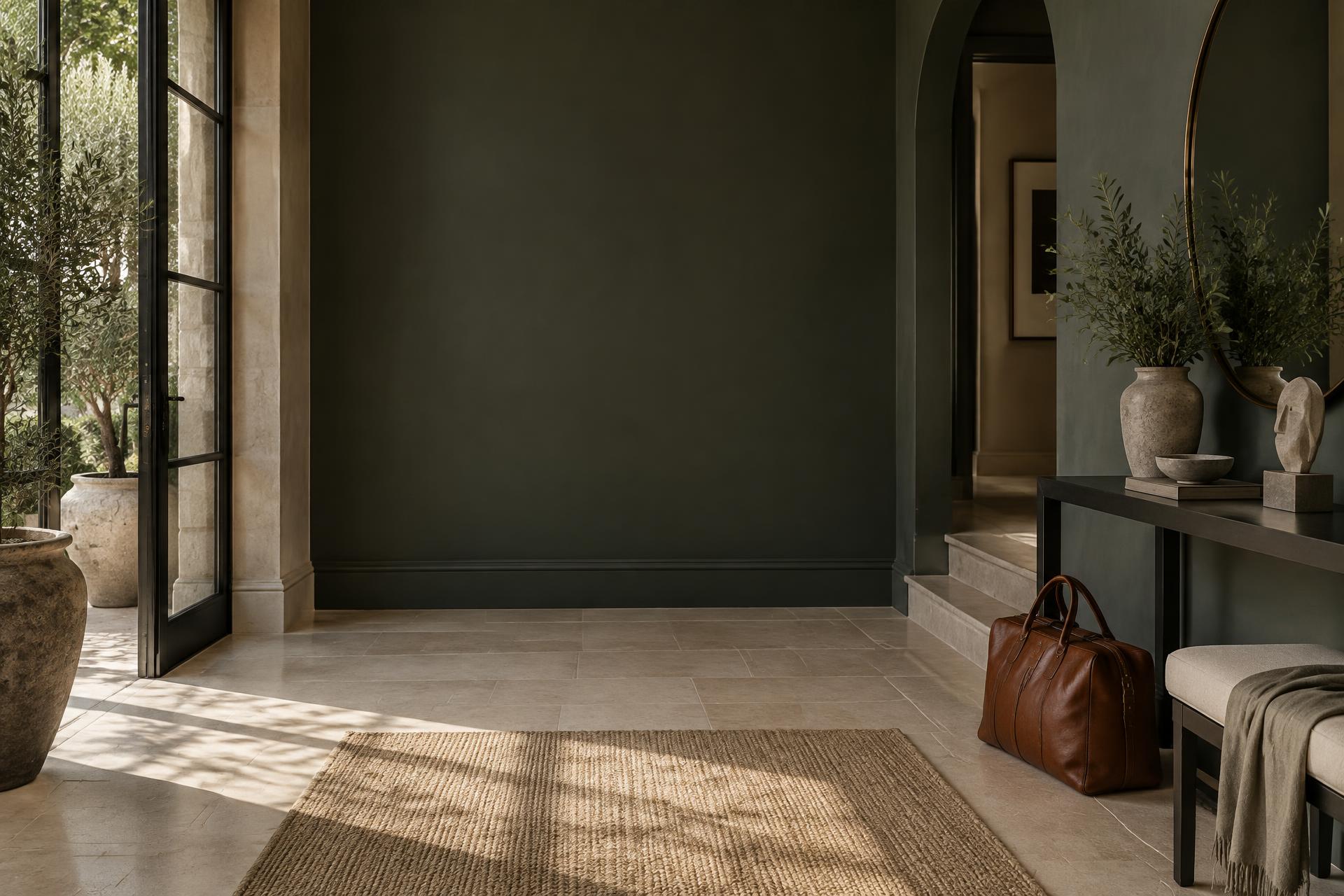 Refined entryway with stone, natural light and leather luggage