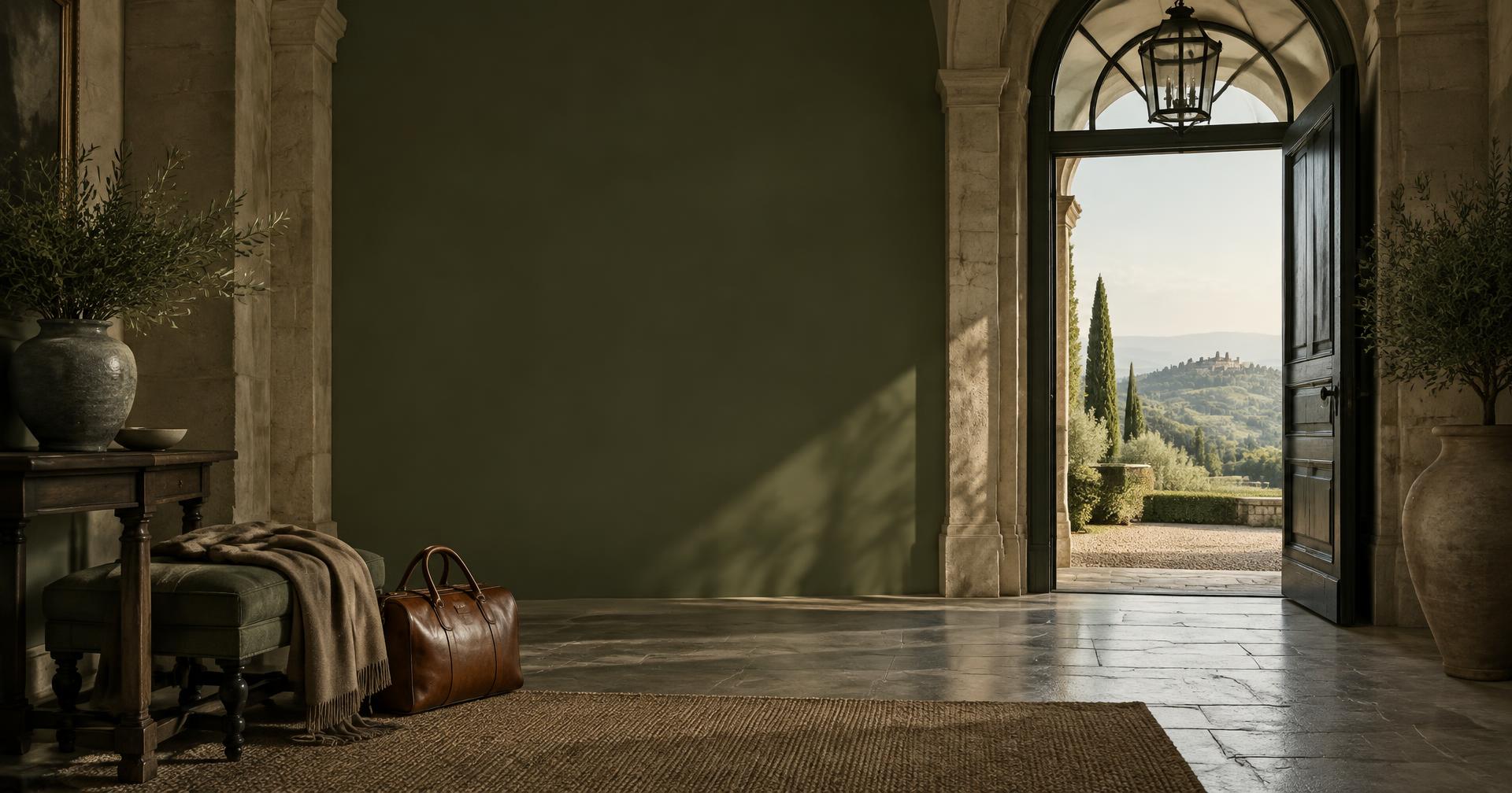 Quiet stone entry hall with leather luggage and an open doorway